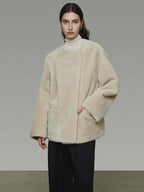 unspoken Warm Cream Collarless Minimalist Relaxed Fit Women Polyester Short Coat