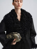 audreyyang Warm Wool Patch Retro Loose Lapel Midlength Women Lambswool Collar Long Coats
