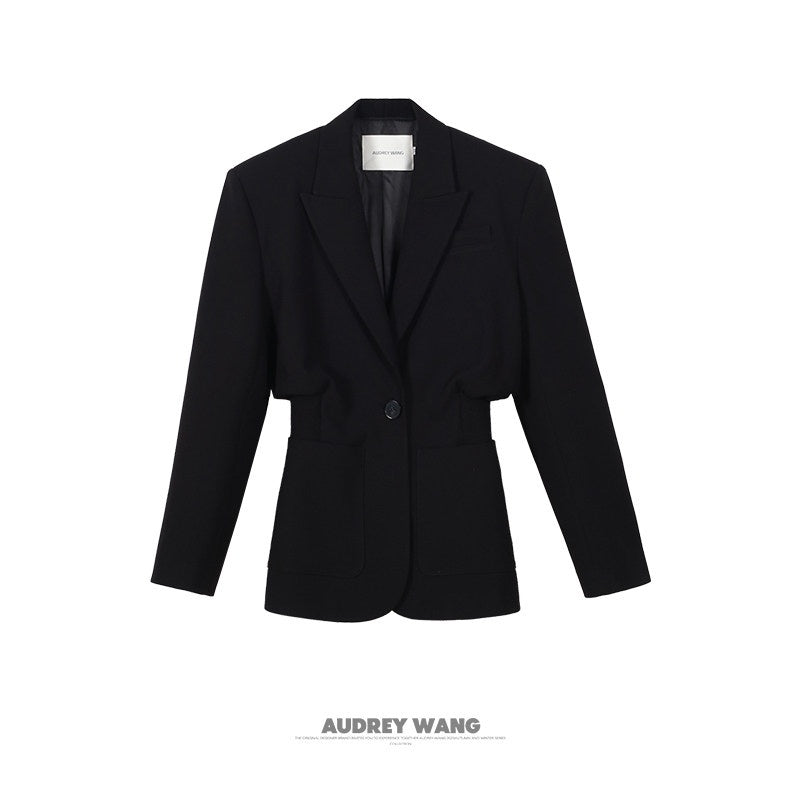 audreyyang_Oversized_Cinched_Waist_Short_Notch_Lapel_One_Button_Black_Polyester_Blazers_MISSTT
