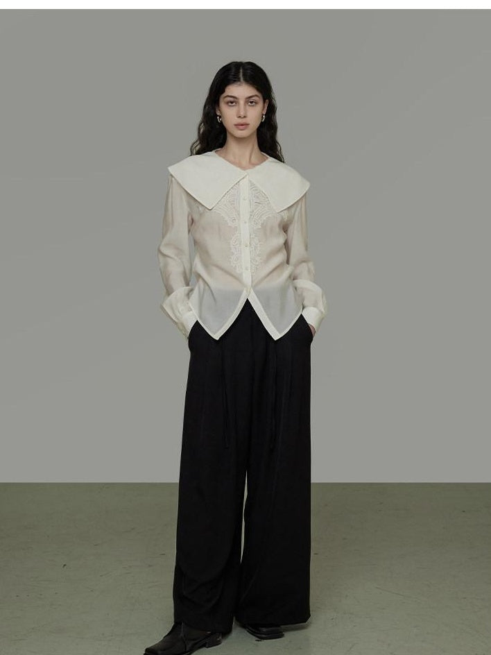 unspoken Lyocell Embroidered Doll Collar Loose Fit Women White Button Long Sleeve Blouses