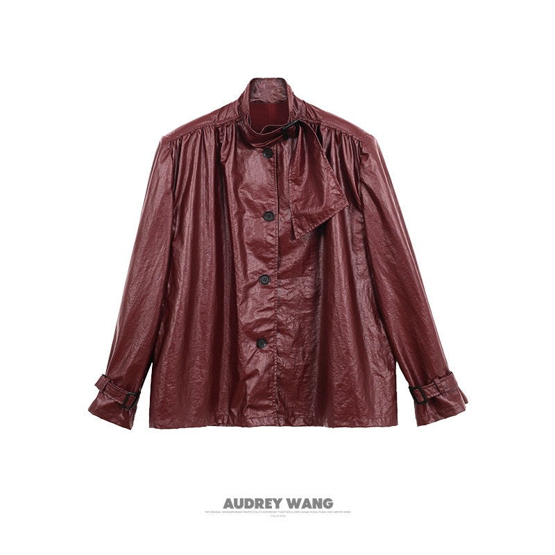 audreyyang_Slimming_Loose_Cuffed_Sleeves_Button_Women_Mustard_Green_Leather_Jackets_MISSTT