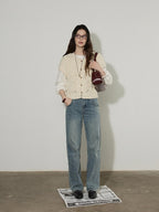 Lofi choose Versatile Openwork Short Round Neck Office Knit Women Ivory Acrylic Cardigans