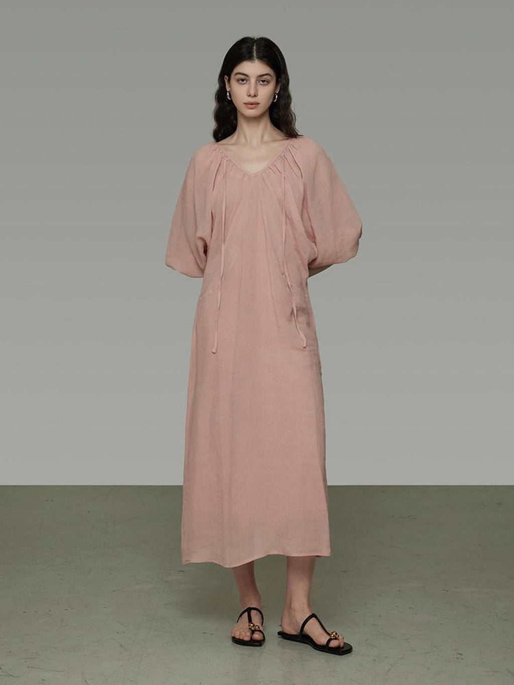 unspoken Breathable Linen Lyocell Blend Minimal A Line V-neck Pleated Women Maxi Dresses