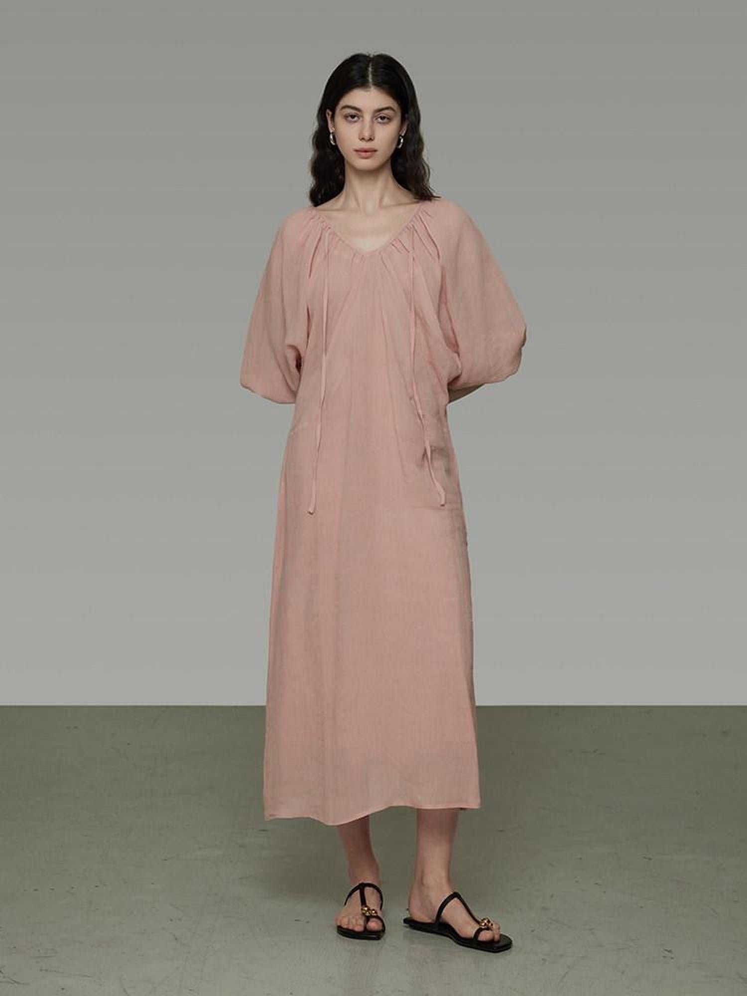 unspoken Breathable Linen Lyocell Blend Minimal A Line V-neck Pleated Women Maxi Dresses