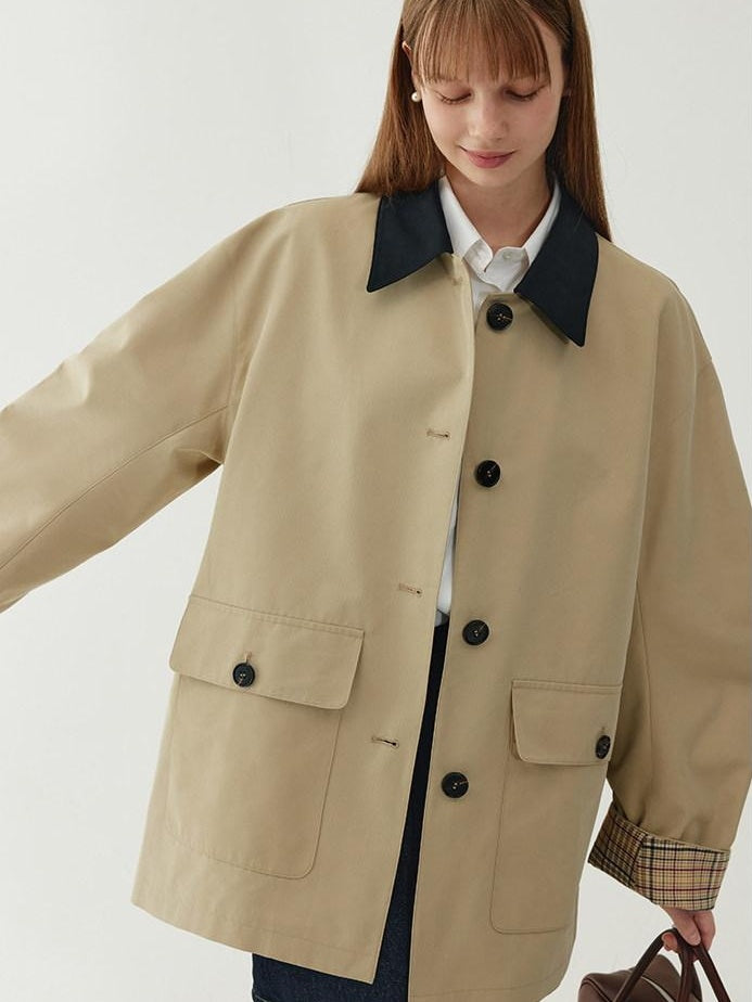 fano Khaki Black Contrast Short Cotton Blend Single Breasted Women Trench Coats