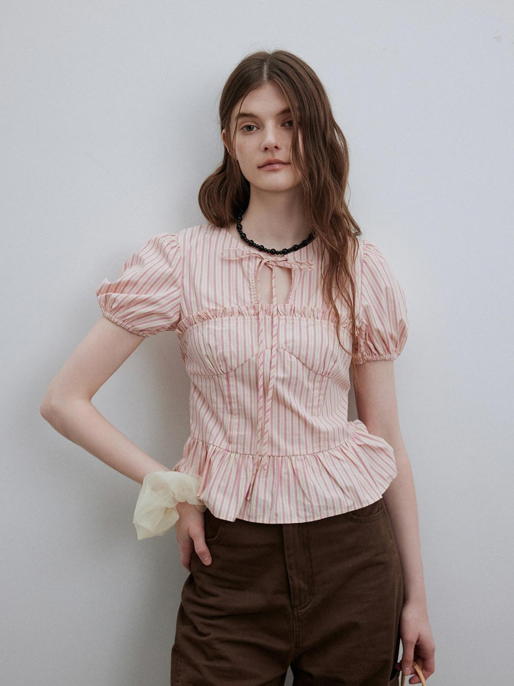 Lofi choose Puff Sleeve Tie Neck Loose Fit Office Workwear Short Sleeve White Pink Blouses