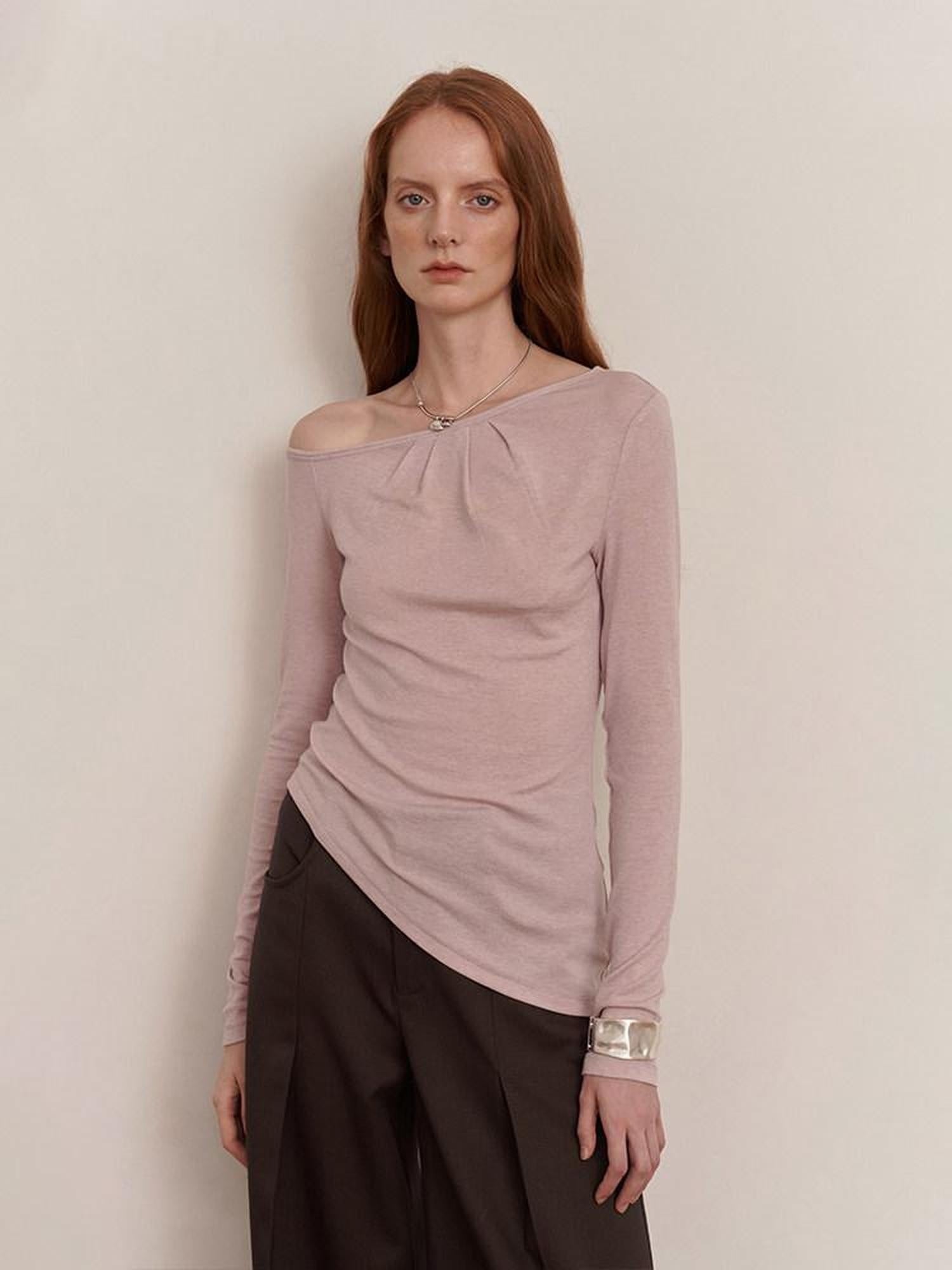 someone sometimes Lyocell Wool Blend Lightweight Asymmetric Neck Slim Casual Long Sleeve T-Shirts