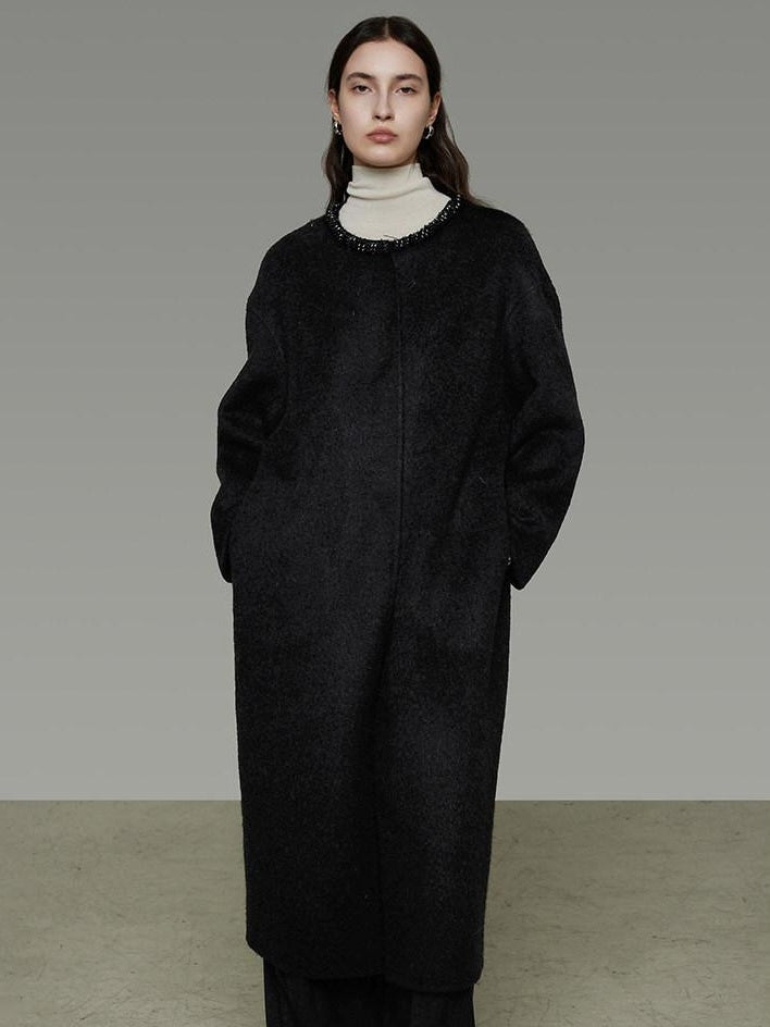 unspoken Heavyweight Lambswool Blend Minimal Commuter Loose Longline Black Wool Coats