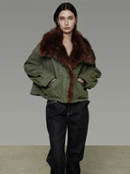 unspoken Fur Collar Short Single Breasted Office Olive Green Long Sleeve Cropped Jackets