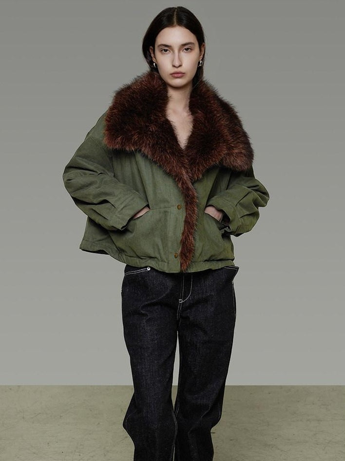 unspoken Fur Collar Short Single Breasted Office Olive Green Long Sleeve Cropped Jackets