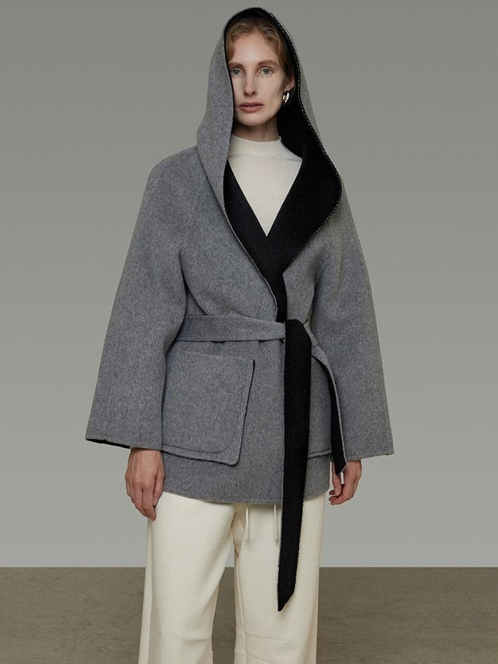 unspoken Minimal Commute Relaxed Fit Hooded Tie Waist Sculpted Cut Black Gray Wool Coats