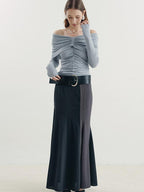 someone sometimes Soft Mist Blue Viscose Blend Slim Fit Round Neck Women Long Sleeve T-Shirts