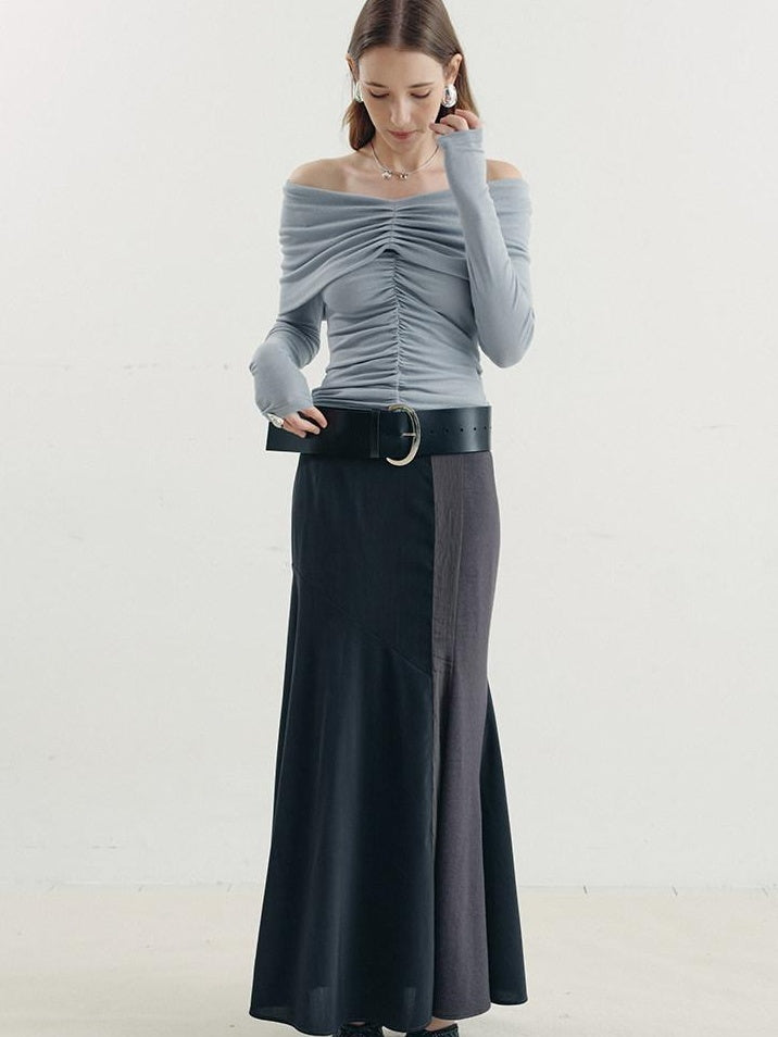 someone sometimes Soft Mist Blue Viscose Blend Slim Fit Round Neck Women Long Sleeve T-Shirts