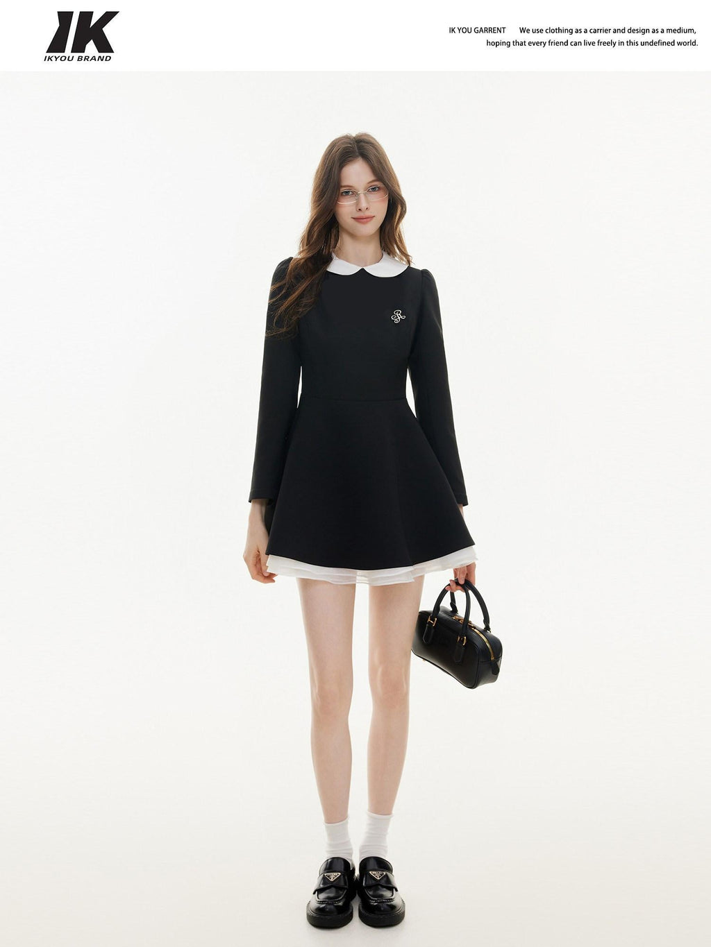 ikyou Elegant Mesh Princess High Waist Doll Collar A Line Black Midi Dresses