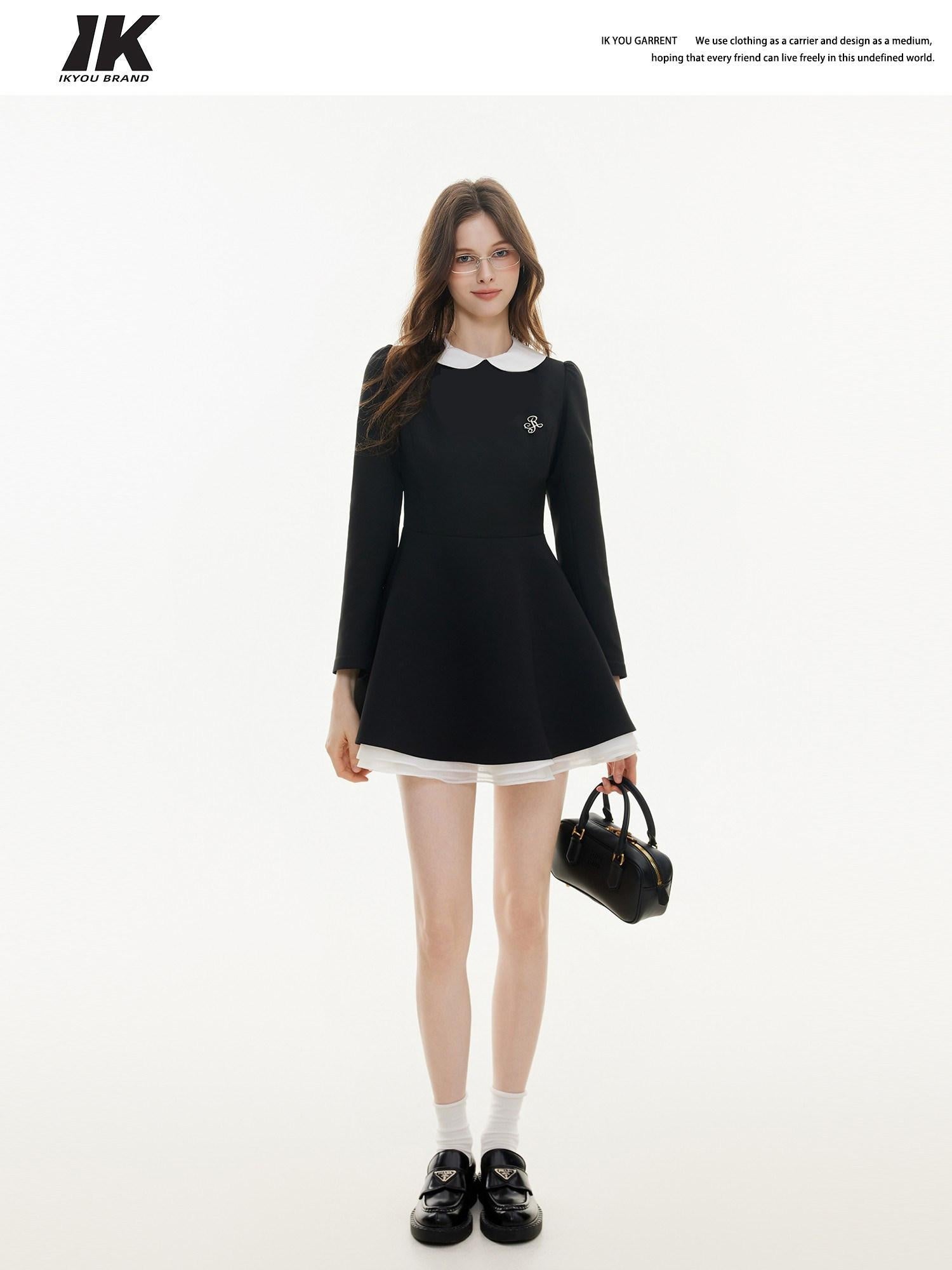 ikyou Elegant Mesh Princess High Waist Doll Collar A Line Black Midi Dresses