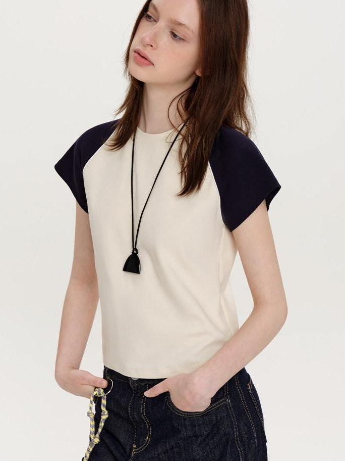 fano Stretch Cotton Loose Raglan Crew Korean Office Women Beige Short Sleeve T-Shirts