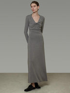 unspoken Soft Breathable Vneck Longsleeve Waist Cinch Viscose Knit Maxi Dresses