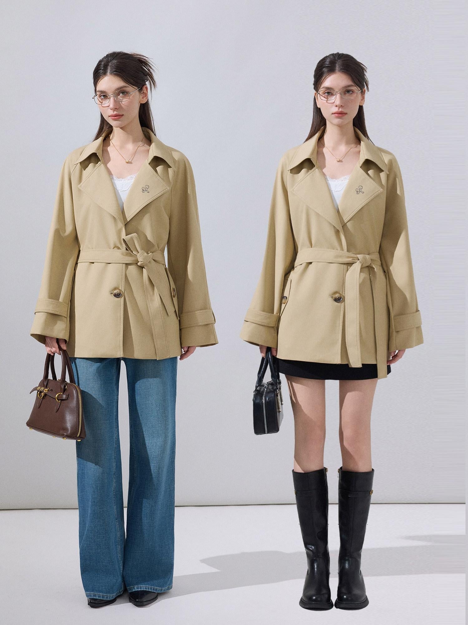 ikyou Lightweight Khaki High Waist Belted Artistic Lapel Women Trench Coats