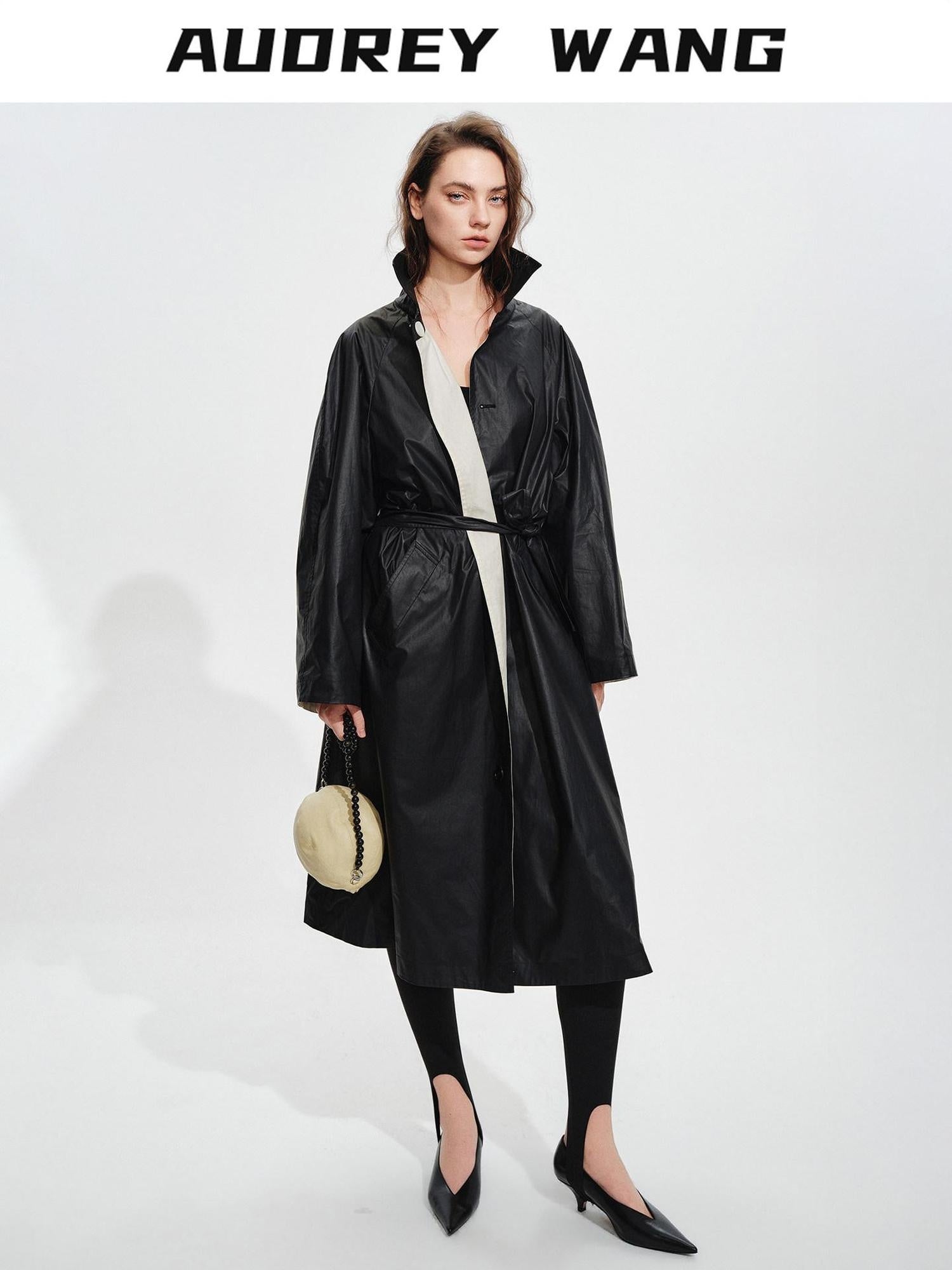 audreyyang Detachable Belt Pure Cotton Loose Long Single Breasted Women Black Trench Coats