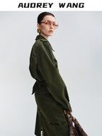 audreyyang Thick Cotton Cinched Waist Vintage Long Sleeve Army Green Top & Skirt Sets
