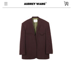 audreyyang Original Loose Fit Herringbone Wool Collarless Open Front Casual Women Blazers