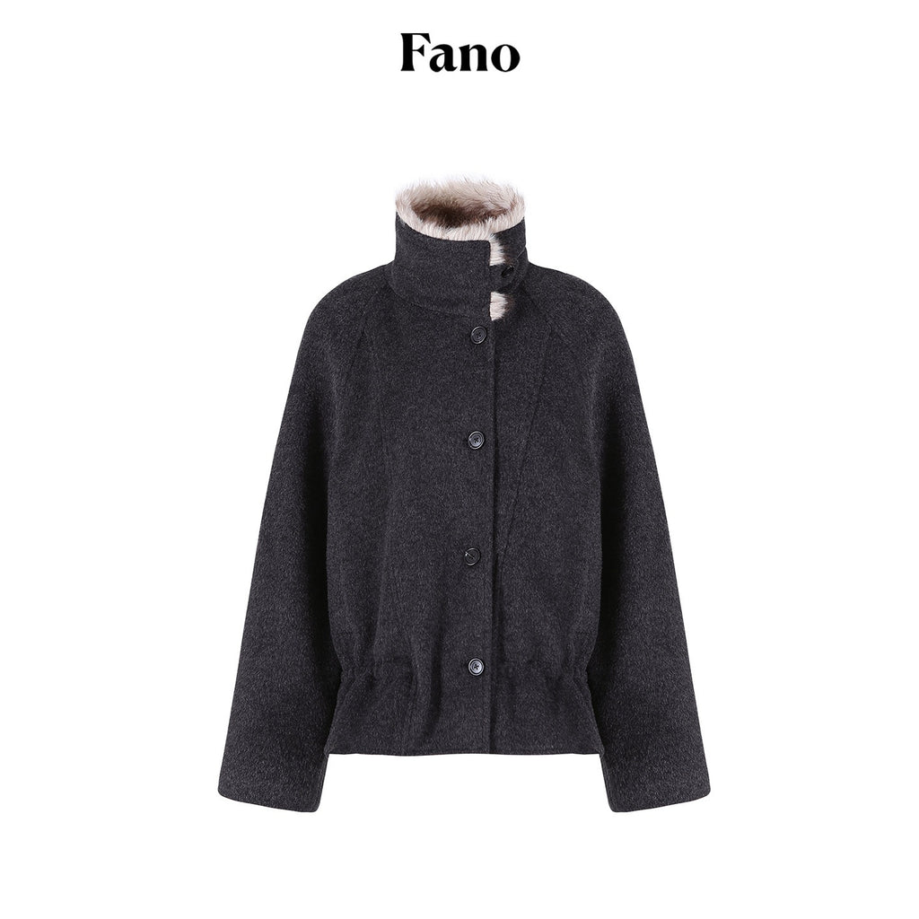 fano_Warm_Wool_Blend_Relaxed_Stand_Collar_Drawstring_Women_Black_Gray_Short_Coat_MISSTT