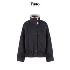 fano_Warm_Wool_Blend_Relaxed_Stand_Collar_Drawstring_Women_Black_Gray_Short_Coat_MISSTT