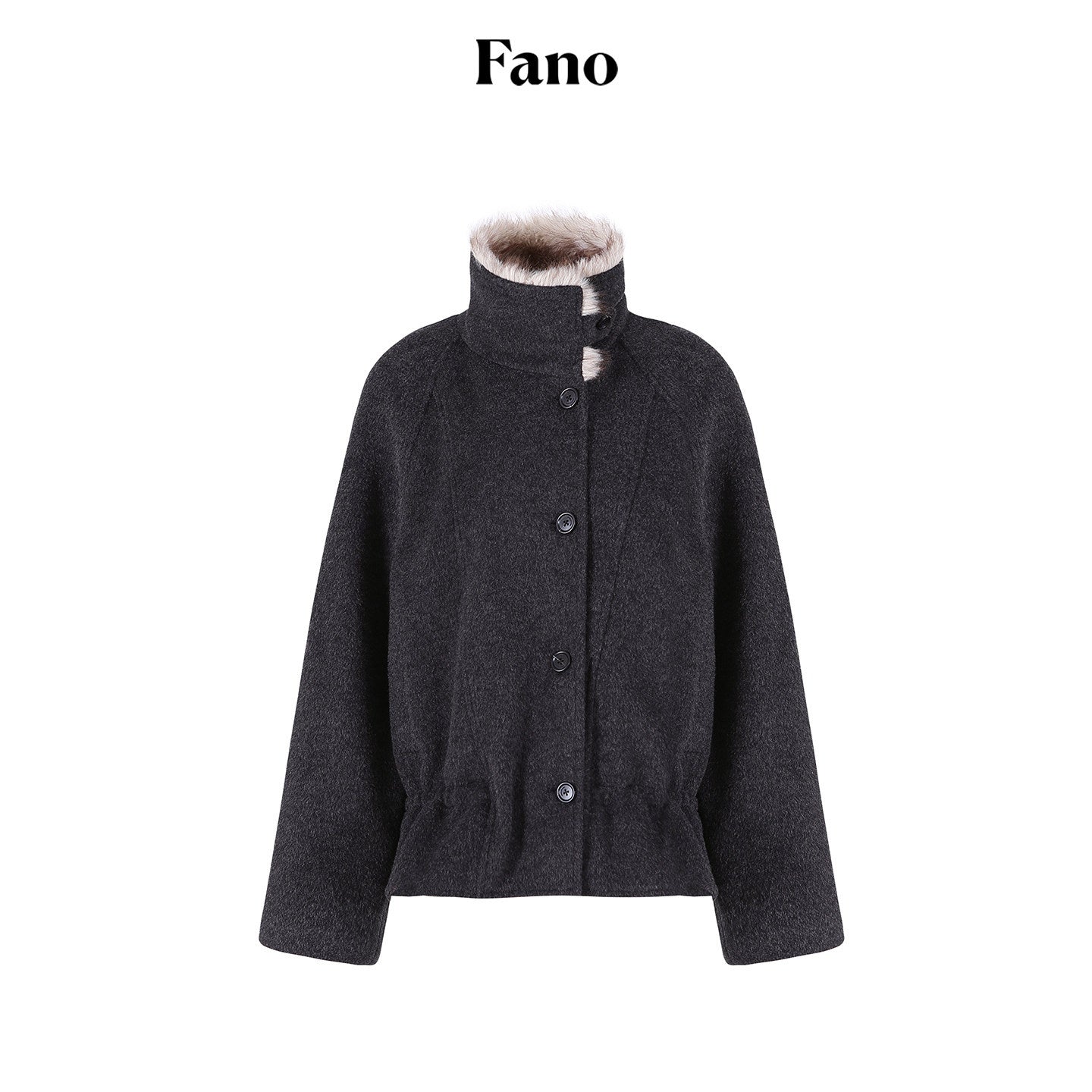 fano_Warm_Wool_Blend_Relaxed_Stand_Collar_Drawstring_Women_Black_Gray_Short_Coat_MISSTT