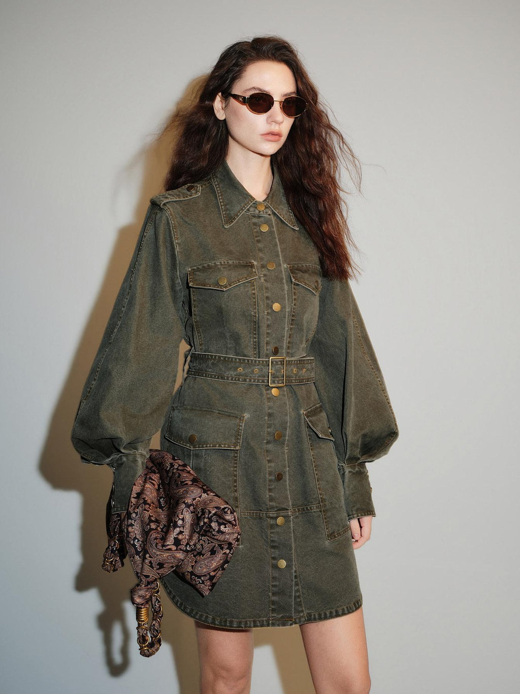audreyyang Pure Cotton Relaxed Utility Button Women Military Green Denim Jackets