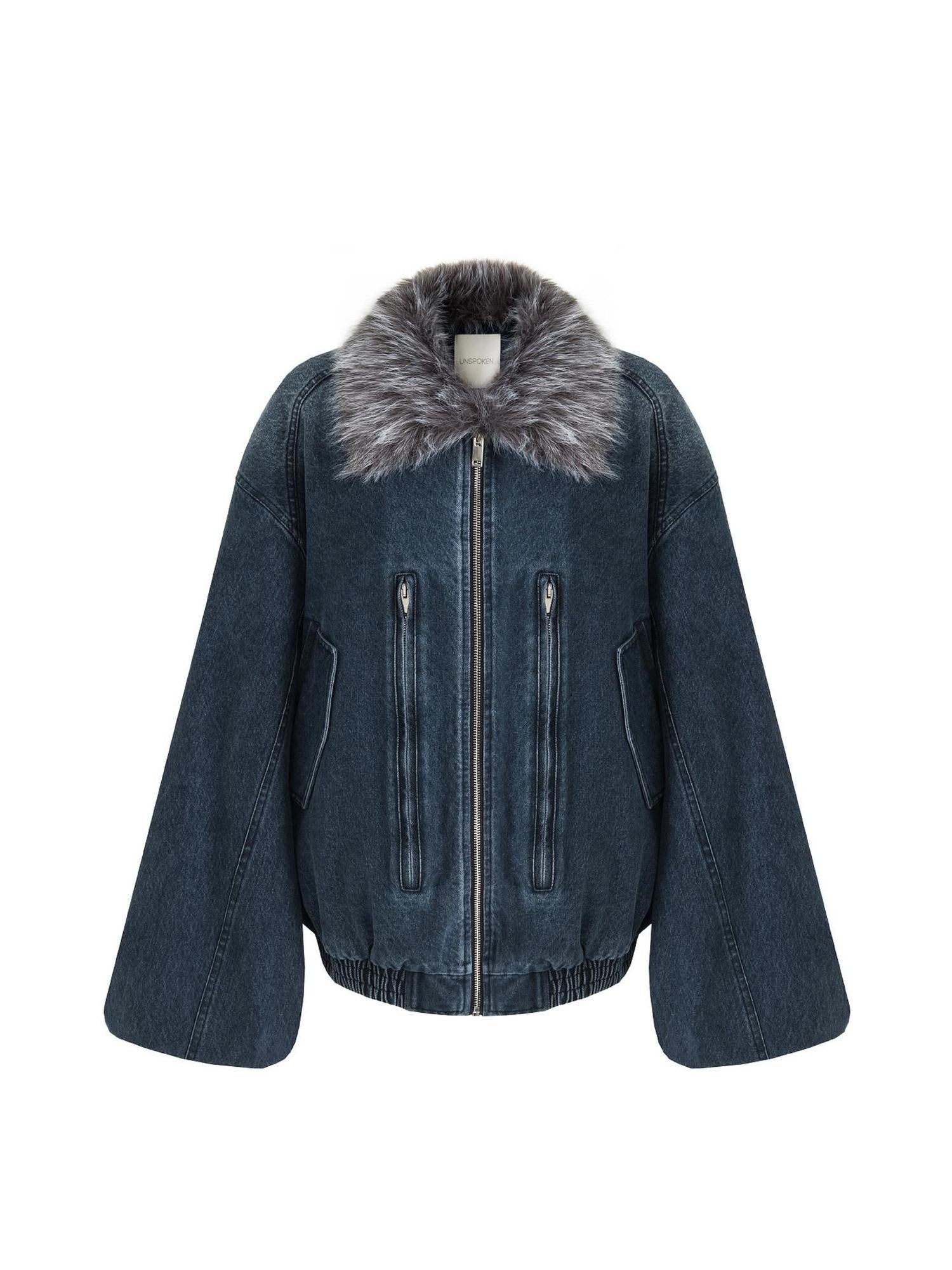 unspoken Warm Cotton Blend Loose Commuter Zipper Fur Collar Blue Gray Denim Jackets