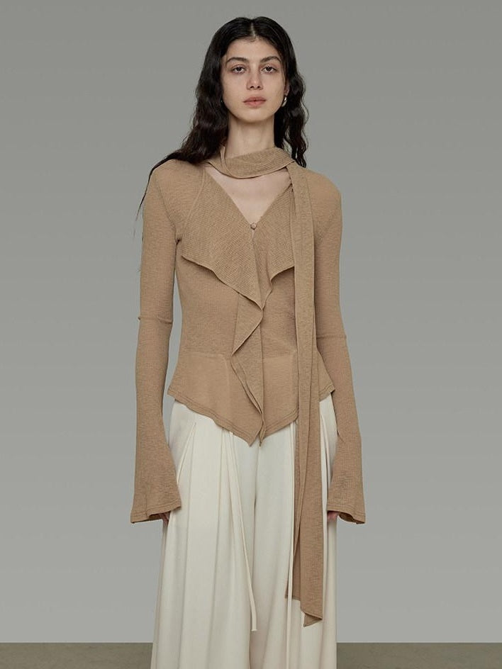 unspoken Slim Ruffle V-neck Bell Sleeve Knit Pullover Women Ginger Yellow Blouses