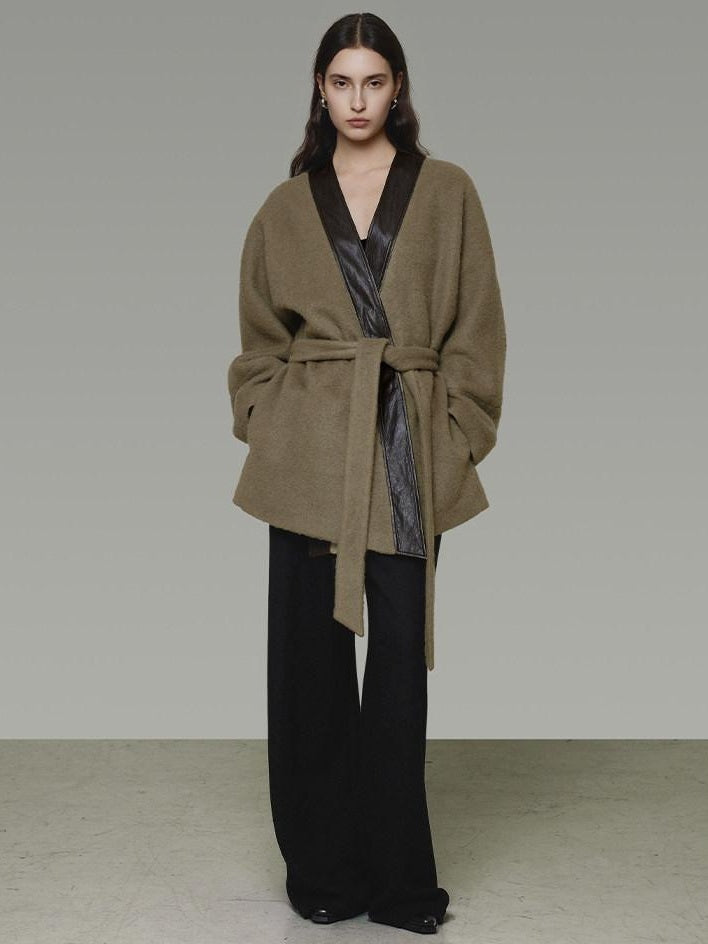 unspoken Minimal Patchwork Loose Fit V-neck Tie Closure Women Commuter Wool Coats