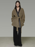 unspoken Minimal Patchwork Loose Fit V-neck Tie Closure Women Commuter Wool Coats