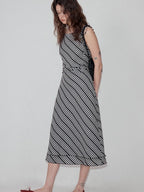 fano Plaid Waist Defining Korean Office A Line Round Neck Casual Women Maxi Dresses