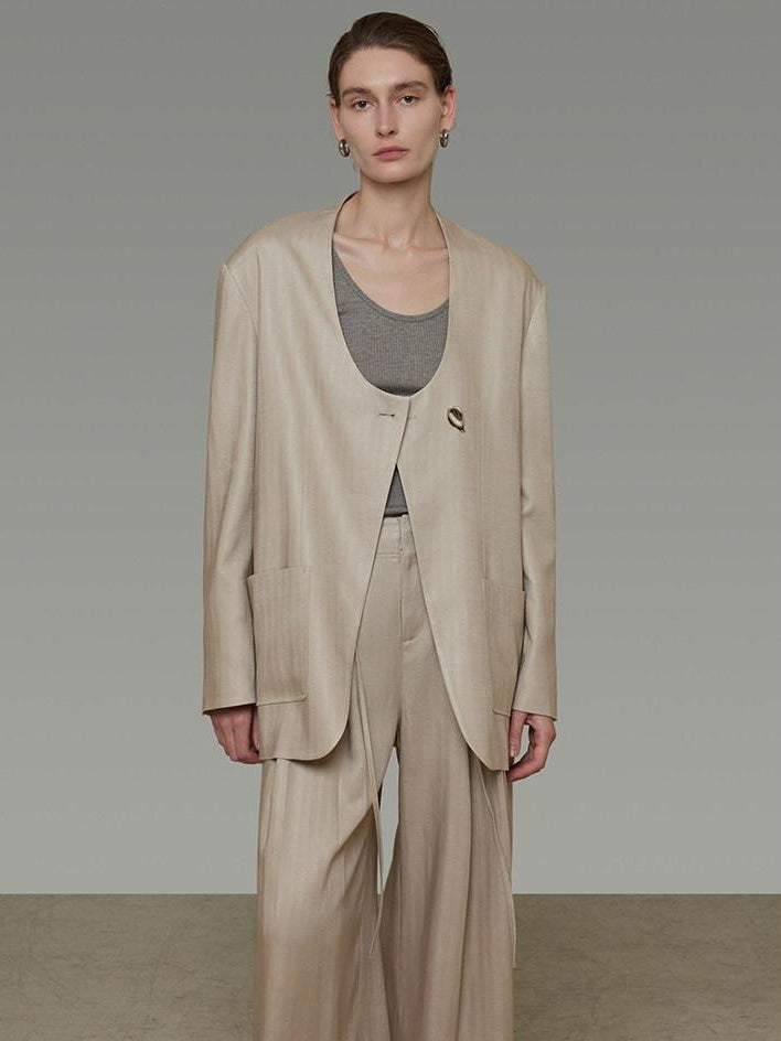 unspoken Breathable Tencel Loose Collarless No Button Minimalist Beige Women Blazers