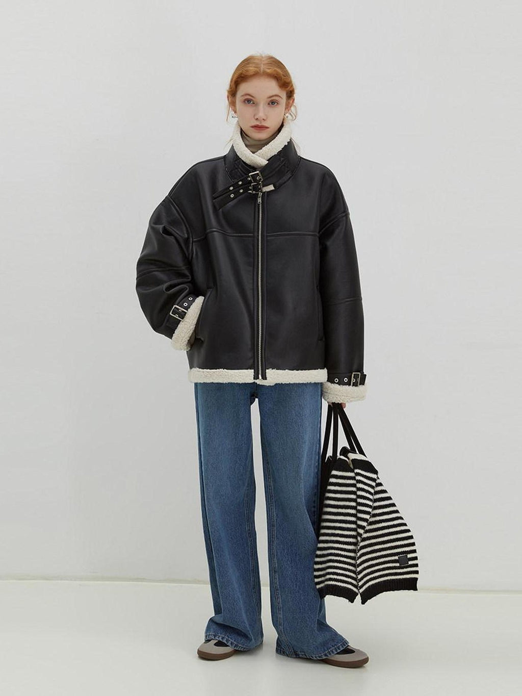 fano Thick Loose Fit Commuter Viscose Zipper Women Black Leather Jackets