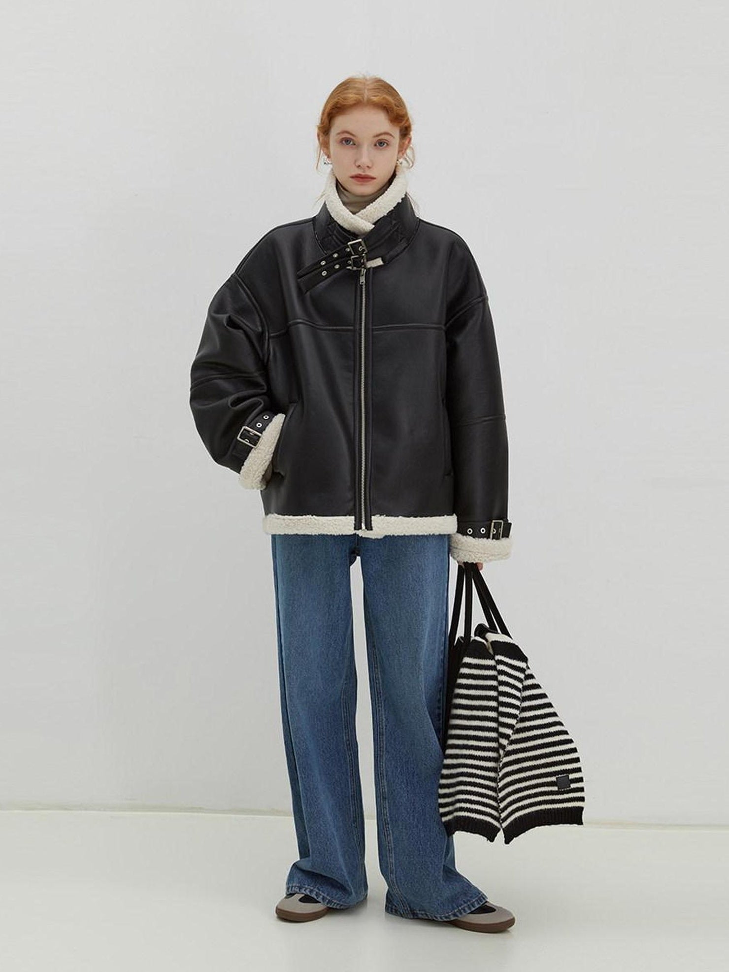 fano Thick Loose Fit Commuter Viscose Zipper Women Black Leather Jackets