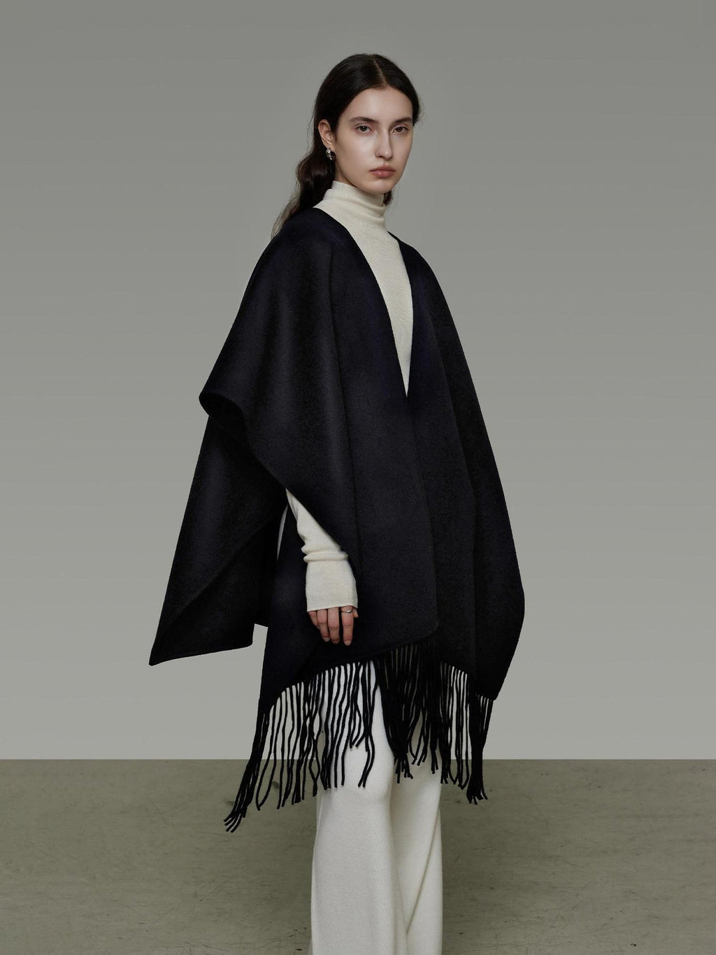 unspoken Pure Sheepswool Fringed Cape Commuter Women Structured Black Wool Coats