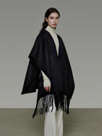 unspoken Pure Sheepswool Fringed Cape Commuter Women Structured Black Wool Coats