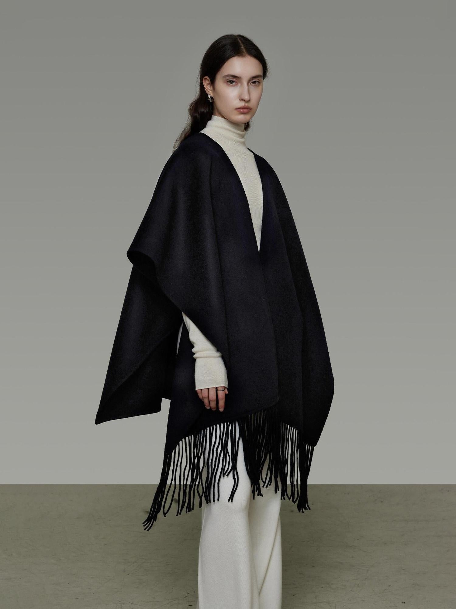 unspoken Pure Sheepswool Fringed Cape Commuter Women Structured Black Wool Coats