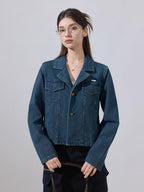 ikyou Cotton Blend Casual Regular Fit Short Button Blue Women Denim Jackets