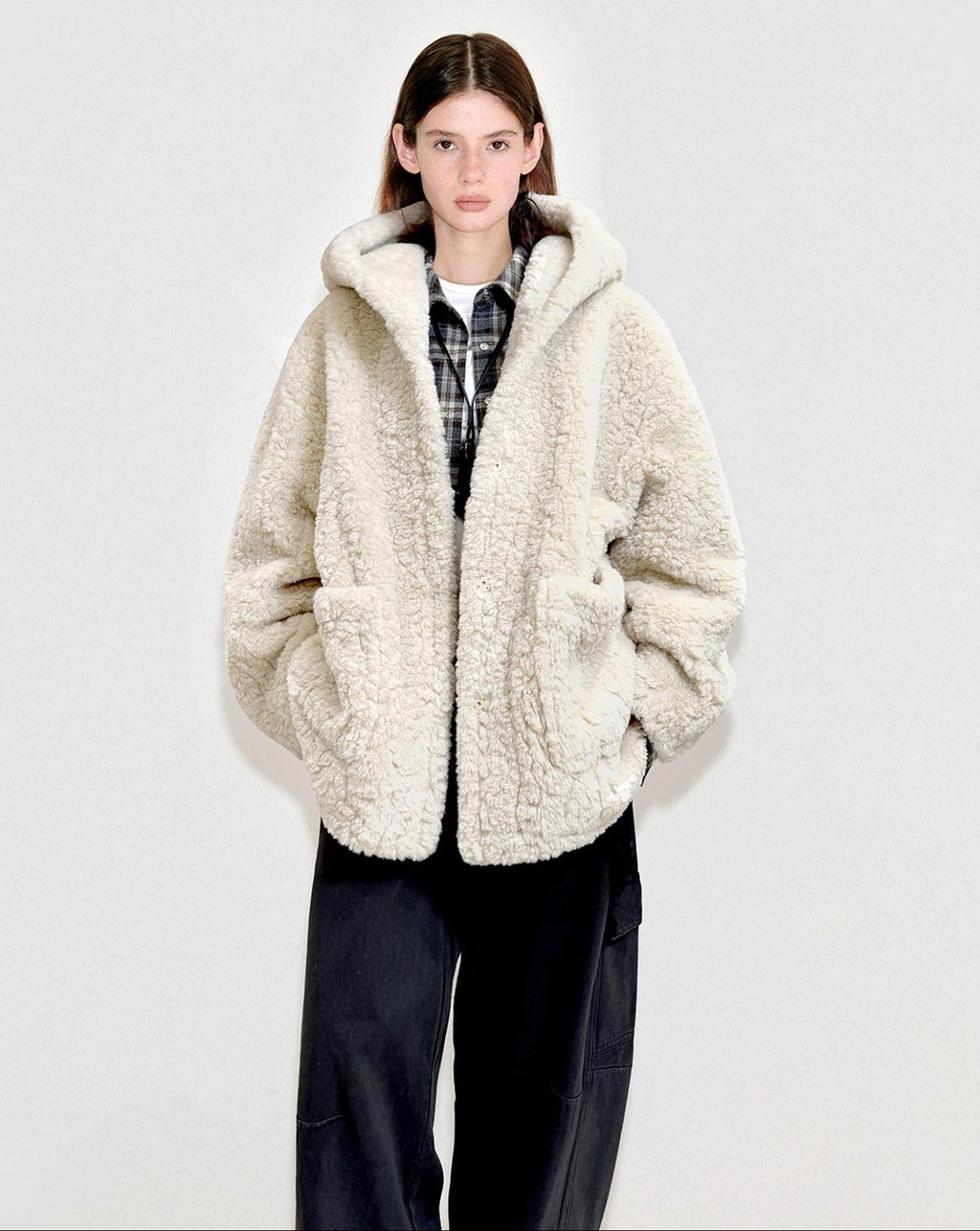 fano Warm Hooded Zip Closure Oversized Casual Boxy Fit Young Women Beige Short Coat