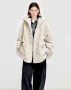 fano Warm Hooded Zip Closure Oversized Casual Boxy Fit Young Women Beige Short Coat