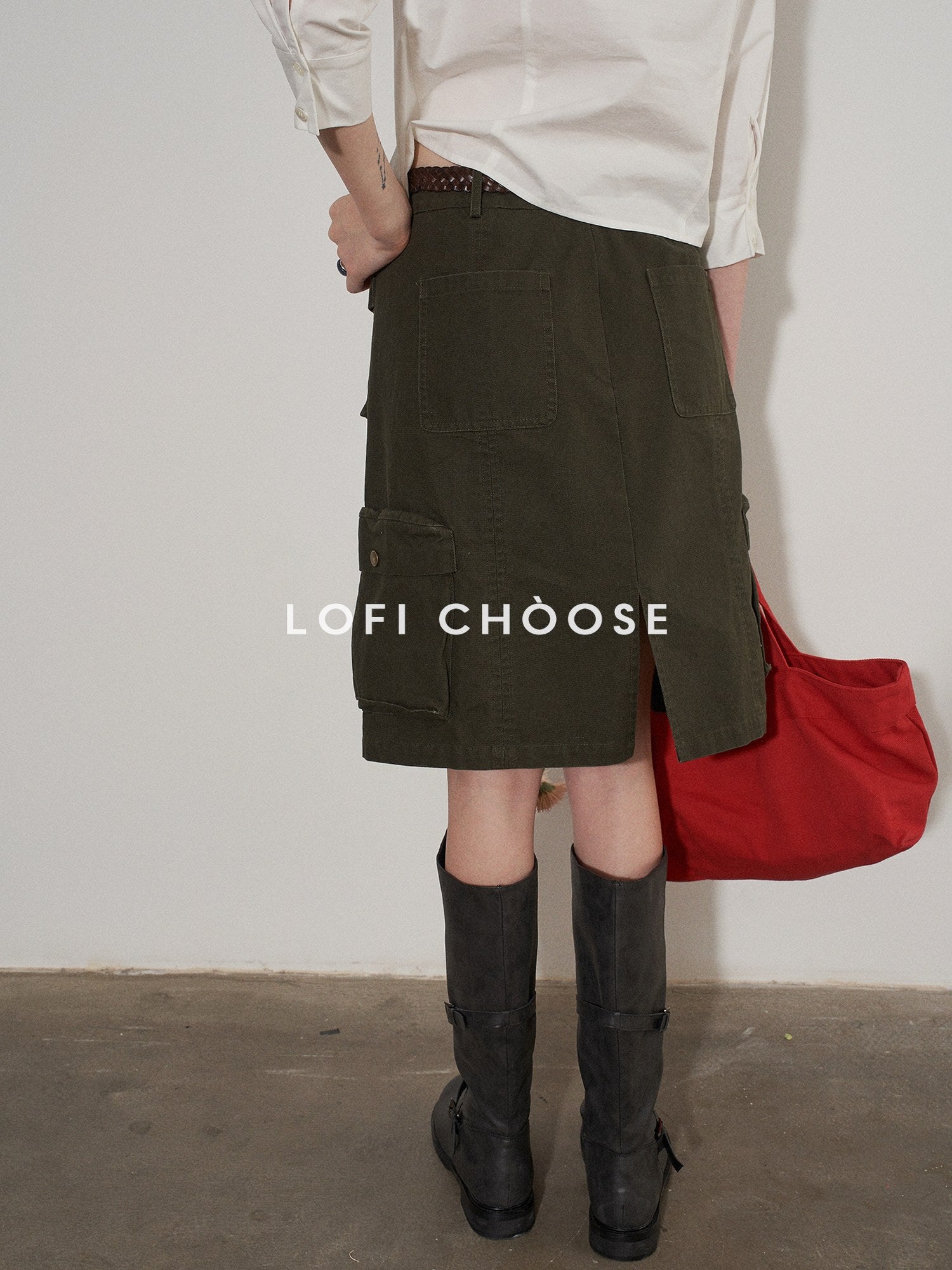 Lofi choose High Waist Cotton Slit H Line Loose Office Women Seaweed Green Midi Skirts