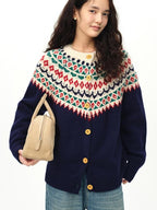 fano 100 Percent Wool Loose Fit Button Front Commuter Crew Neck Knit Cardigans