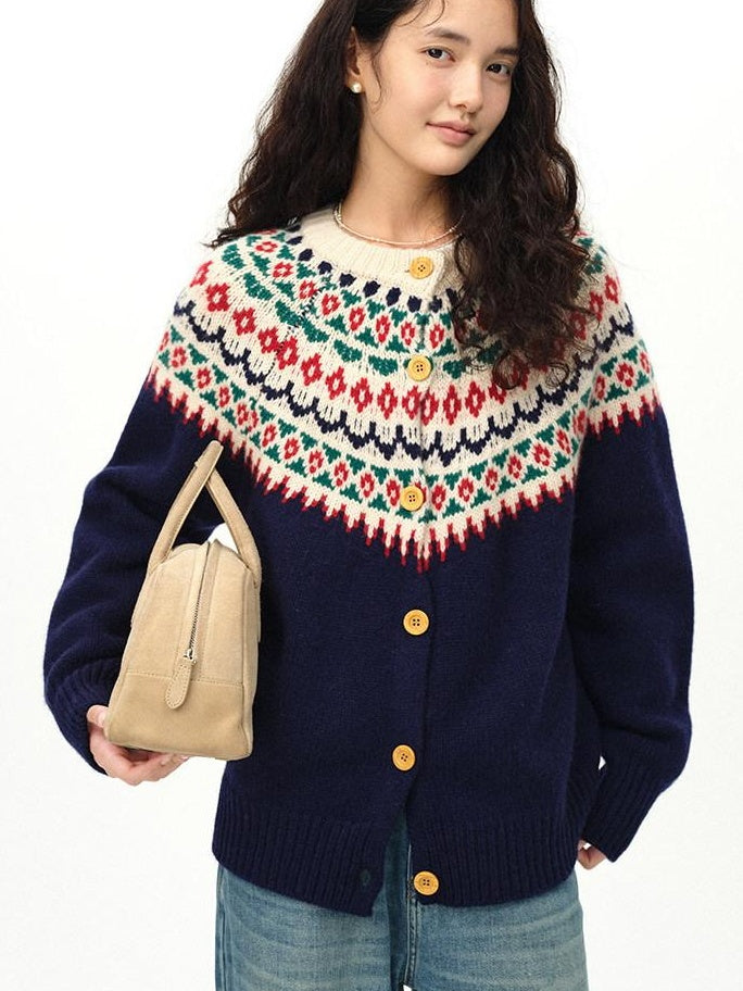 fano 100 Percent Wool Loose Fit Button Front Commuter Crew Neck Knit Cardigans