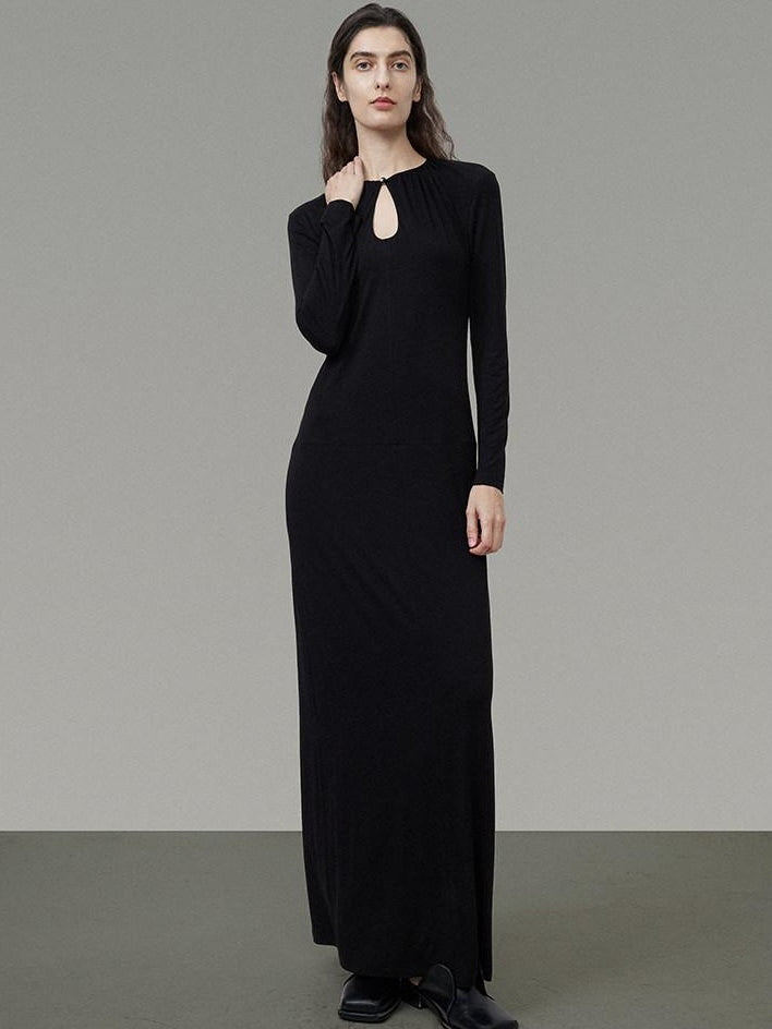 unspoken Waist Cinch Commuter Long Sleeve Drop Neck Black Womens Hline Maxi Dresses