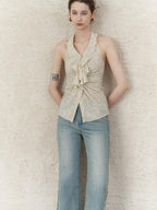 someonesometimes Ruffle Halter Slim Fit Cropped Solid Almond Stretch Tank Tops