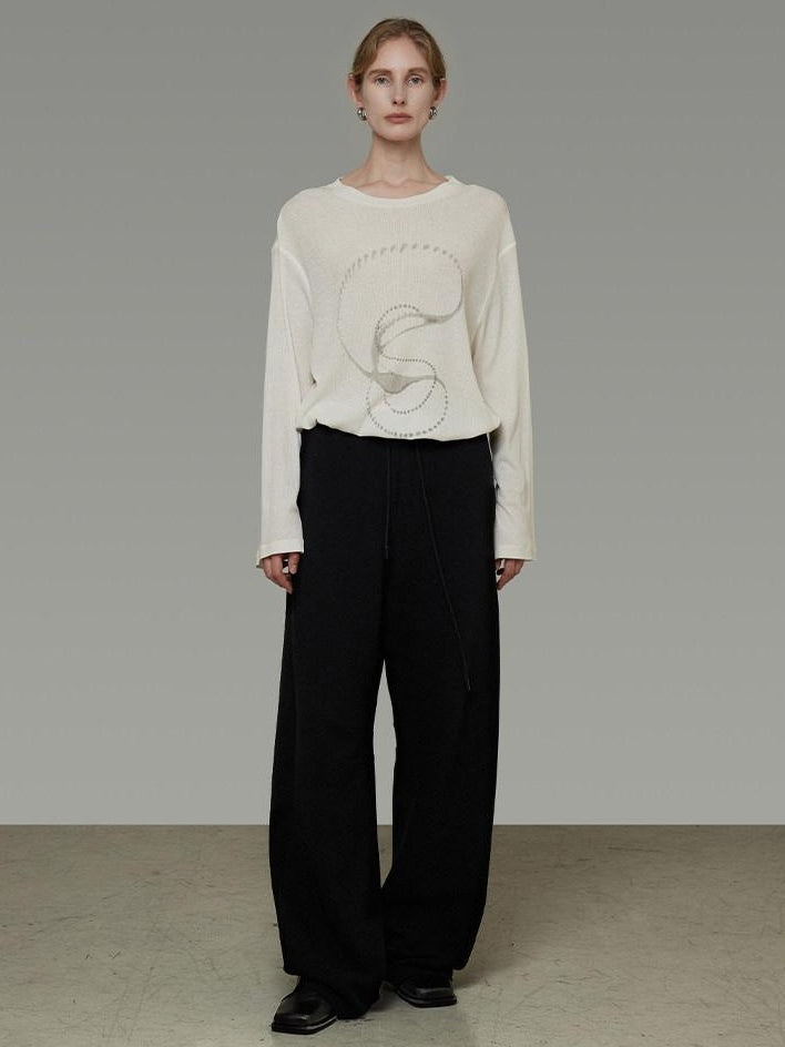 unspoken Lightweight Printed Minimalist Loose Round Neck Women Cream Pullover Sweaters