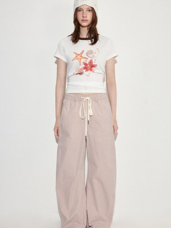 fano Pink Cotton Blend Drawstring Natural Waist Loose Korean Office Wide Leg Pants